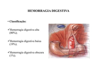HEMORRAGIA DIGESTIVA
• Classificação:
Hemorragia digestiva alta
(80%);
Hemorragia digestiva baixa
(19%).
Hemorragia digestiva obscura
(1%).
 