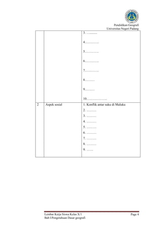 Pendidikan Geografi
Universitas Negeri Padang
Lembar Kerja Siswa Kelas X/1
Bab I Pengetahuan Dasar geografi
Page 4
3. ….........
4………….
5………….
6………….
7………….
8………
9………
10……………….
2 Aspek sosial 1. Konflik antar suku di Maluku
2. ………
3. ………
4. ………
5. ………
6. ………
7. ………
8. ………
9. ……
 