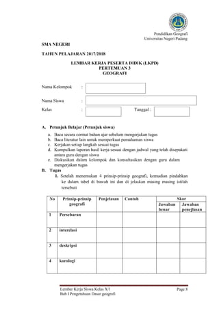 Pendidikan Geografi
Universitas Negeri Padang
SMA NEGERI
TAHUN PELAJARAN 2017/2018
Lembar Kerja Siswa Kelas X/1
Bab I Pengetahuan Dasar geografi
Page 8
LEMBAR KERJA PESERTA DIDIK (LKPD)
PERTEMUAN 3
GEOGRAFI
Nama Kelompok :
Nama Siswa :
Kelas : Tanggal :
A. Petunjuk Belajar (Petunjuk siswa)
a. Baca secara cermat bahan ajar sebelum mengerjakan tugas
b. Baca literatur lain untuk memperkuat pemahaman siswa
c. Kerjakan setiap langkah sesuai tugas
d. Kumpulkan laporan hasil kerja sesuai dengan jadwal yang telah disepakati
antara guru dengan siswa
e. Diskusikan dalam kelompok dan konsultasikan dengan guru dalam
mengerjakan tugas
B. Tugas
1. Setelah menemukan 4 prinsip-prinsip geografi, kemudian pindahkan
ke dalam tabel di bawah ini dan di jelaskan masing masing istilah
tersebutt
No Prinsip-prinsip
geografi
Penjelasan Contoh Skor
Jawaban
benar
Jawaban
penejlasan
1 Persebaran
2 interelasi
3 deskripsi
4 korologi
 