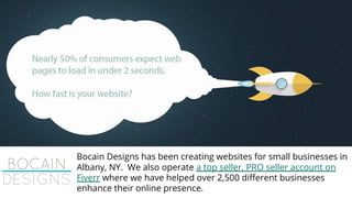 Bocain Designs has been creating websites for small businesses in
Albany, NY. We also operate a top seller, PRO seller account on
Fiverr where we have helped over 2,500 different businesses
enhance their online presence.
 