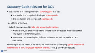 Statutory Goals relevant for DOs
• We assume that the organization’s statutory goal may be:
 the production or optimal sharing of private goods
 the production and provision of public goods
or a blend of the two.
• In both cases we need to take into account externalities:
Within a firm, an employee’s efforts toward team production will benefit other
employees to different degrees.
Investments in research yield different spillovers for various producers and
consumers.
Following an active strand of research, we run valuation quantifying agents’ creation of
externalities in a DO relying on network analysis, see e.g. Elliott Golub (2019).
C.T. Bocconi Algorand Fintech Lab
 