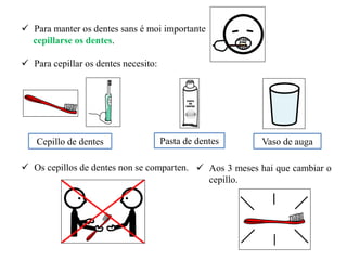 Para manter os dentes sans é moi importante
cepillarse os dentes.
 Para cepillar os dentes necesito:
 Os cepillos de dentes non se comparten.
Cepillo de dentes Pasta de dentes Vaso de auga
 Aos 3 meses hai que cambiar o
cepillo.
 