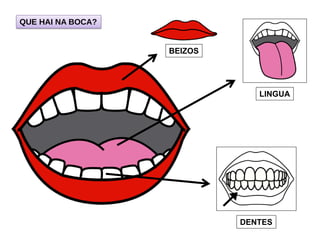 QUE HAI NA BOCA?
BEIZOS
LINGUA
DENTES
 