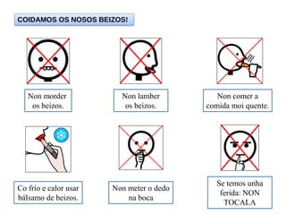 COIDAMOS OS NOSOS BEIZOS!
Non morder
os beizos.
Non lamber
os beizos.
Non comer a
comida moi quente.
Co frío e calor usar
bálsamo de beizos.
Non meter o dedo
na boca
Se temos unha
ferida: NON
TOCALA
 