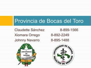 Provincia de Bocas del Toro 
Claudette Sánchez 8-899-1566 
Xiomara Orrego 8-892-2249 
Johnny Navarro 8-895-1488 
 