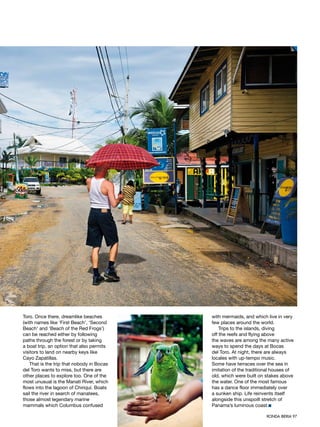 Toro. Once there, dreamlike beaches         with mermaids, and which live in very
(with names like ‘First Beach’, ‘Second     few places around the world.
Beach’ and ‘Beach of the Red Frogs’)            Trips to the islands, diving
can be reached either by following          off the reefs and flying above
paths through the forest or by taking       the waves are among the many active
a boat trip, an option that also permits    ways to spend the days at Bocas
visitors to land on nearby keys like        del Toro. At night, there are always
Cayo Zapatillas.                            locales with up-tempo music.
    That is the trip that nobody in Bocas   Some have terraces over the sea in
del Toro wants to miss, but there are       imitation of the traditional houses of
other places to explore too. One of the     old, which were built on stakes above
most unusual is the Manatí River, which     the water. One of the most famous
flows into the lagoon of Chiriquí. Boats    has a dance floor immediately over
sail the river in search of manatees,       a sunken ship. Life reinvents itself
those almost legendary marine               alongside this unspoilt stretch of
mammals which Columbus confused             Panama’s luminous coast.■

                                                                     RONDA IBERIA 97
 