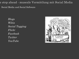 e step ahead - museale Vermittlung mit Social Media
 Social Media und Social Software




       Blogs
       Wikis
       Social Tagging
       Flickr
       Facebook
       Twitter
       YouTube
 
