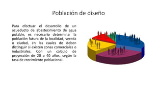 Población de diseño
Para efectuar el desarrollo de un
acueducto de abastecimiento de agua
potable, es necesario determinar la
población futura de la localidad, vereda
o ciudad, en las cuales de deben
distinguir si existen zonas comerciales o
industriales. Con un calculo de
proyección de 20 a 40 años, según la
tasa de crecimiento poblacional.
 