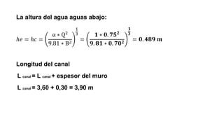 La altura del agua aguas abajo:
ℎ𝑒 = ℎ𝑐 =
α ∗ Q2
9.81 ∗ B2
1
3
=
𝟏 ∗ 𝟎. 𝟕𝟓𝟐
𝟗. 𝟖𝟏 ∗ 𝟎. 𝟕𝟎𝟐
𝟏
𝟑
= 𝟎. 𝟒𝟖𝟗 𝒎
Longitud del canal
L canal = L canal + espesor del muro
L canal = 3,60 + 0,30 = 3,90 m
 