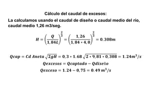 Cálculo del caudal de excesos:
La calculamos usando el caudal de diseño o caudal medio del río,
caudal medio 1,26 m3/seg.
𝑯 =
𝑸
𝟏, 𝟖𝟒𝑳
𝟐
𝟑
=
𝟏, 𝟐𝟔
𝟏, 𝟖𝟒 ∗ 𝟒, 𝟎
𝟐
𝟑
= 𝟎. 𝟑𝟎𝟖𝒎
𝑸𝒄𝒂𝒑 = 𝑪𝒅 𝑨𝒏𝒆𝒕𝒂 𝟐𝒈𝑯 = 𝟎, 𝟑 ∗ 𝟏. 𝟔𝟖 𝟐 ∗ 𝟗, 𝟖𝟏 ∗ 𝟎, 𝟑𝟎𝟖 = 𝟏. 𝟐𝟒𝒎𝟑
/𝒔
𝑸𝒆𝒙𝒄𝒆𝒔𝒐𝒔 = 𝑸𝒄𝒂𝒑𝒕𝒂𝒅𝒐 − 𝑸𝒅𝒊𝒔𝒆ñ𝒐
𝑸𝒆𝒙𝒄𝒆𝒔𝒐 = 𝟏. 𝟐𝟒 − 𝟎, 𝟕𝟓 = 𝟎. 𝟒𝟗 𝒎𝟑/𝒔
 