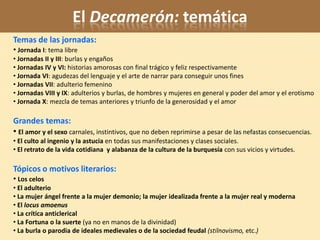 El Decamerón: temática
Temas de las jornadas:
• Jornada I: tema libre
• Jornadas II y III: burlas y engaños
• Jornadas IV y VI: historias amorosas con final trágico y feliz respectivamente
• Jornada VI: agudezas del lenguaje y el arte de narrar para conseguir unos fines
• Jornadas VII: adulterio femenino
• Jornadas VIII y IX: adulterios y burlas, de hombres y mujeres en general y poder del amor y el erotismo
• Jornada X: mezcla de temas anteriores y triunfo de la generosidad y el amor

Grandes temas:
• El amor y el sexo carnales, instintivos, que no deben reprimirse a pesar de las nefastas consecuencias.
• El culto al ingenio y la astucia en todas sus manifestaciones y clases sociales.
• El retrato de la vida cotidiana y alabanza de la cultura de la burquesía con sus vicios y virtudes.

Tópicos o motivos literarios:
• Los celos
• El adulterio
• La mujer ángel frente a la mujer demonio; la mujer idealizada frente a la mujer real y moderna
• El locus amoenus
• La crítica anticlerical
• La Fortuna o la suerte (ya no en manos de la divinidad)
• La burla o parodia de ideales medievales o de la sociedad feudal (stilnovismo, etc.)
 