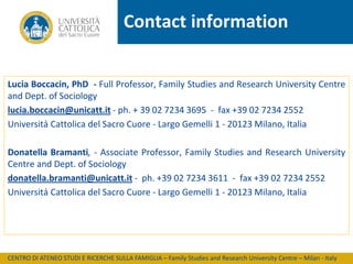 Contact information
Lucia Boccacin, PhD - Full Professor, Family Studies and Research University Centre
and Dept. of Sociology
lucia.boccacin@unicatt.it - ph. + 39 02 7234 3695 - fax +39 02 7234 2552
Università Cattolica del Sacro Cuore - Largo Gemelli 1 - 20123 Milano, Italia
Donatella Bramanti, - Associate Professor, Family Studies and Research University
Centre and Dept. of Sociology
donatella.bramanti@unicatt.it - ph. +39 02 7234 3611 - fax +39 02 7234 2552
Università Cattolica del Sacro Cuore - Largo Gemelli 1 - 20123 Milano, Italia

CENTRO DI ATENEO STUDI E RICERCHE SULLA FAMIGLIA – Family Studies and Research University Centre – Milan - Italy

 