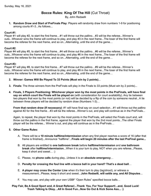 Bocce Rules King of the Hill (cut throat) By, John Redaelli PDF