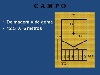 C A M P O
• De madera o de goma
• 12´5 X 6 metros