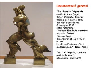 Documentació general
Títol: Formes úniques de
continuïtat en l’espai
Autor: Umberto Boccioni
(Reggio de Calàbria, 1882-
So...