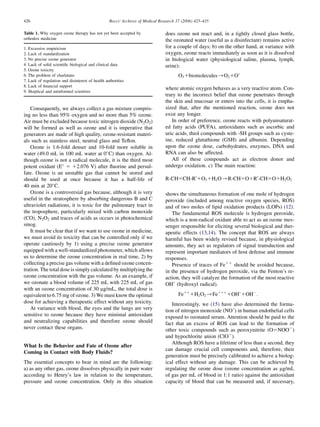 426                                               Bocci/ Archives of Medical Research 37 (2006) 425–435

Table 1. Why oxygen ozone therapy has not yet been accepted by                 does ozone not react and, in a tightly closed glass bottle,
orthodox medicine                                                              the ozonated water (useful as a disinfectant) remains active
1. Excessive empiricism                                                        for a couple of days; b) on the other hand, at variance with
2. Lack of standardization                                                     oxygen, ozone reacts immediately as soon as it is dissolved
3. No precise ozone generator                                                  in biological water (physiological saline, plasma, lymph,
4. Lack of solid scientiﬁc biological and clinical data                        urine):
5. Ozone toxicity
6. The problem of charlatans                                                          O3 1biomolecules/O2 1O,
7. Lack of regulation and disinterest of health authorities
8. Lack of ﬁnancial support
                                                                               where atomic oxygen behaves as a very reactive atom. Con-
9. Skeptical and uninformed scientists
                                                                               trary to the incorrect belief that ozone penetrates through
                                                                               the skin and mucosae or enters into the cells, it is empha-
   Consequently, we always collect a gas mixture compris-                      sized that, after the mentioned reaction, ozone does not
ing no less than 95% oxygen and no more than 5% ozone.                         exist any longer.
Air must be excluded because toxic nitrogen dioxide (N2O2)                        In order of preference, ozone reacts with polyunsaturat-
will be formed as well as ozone and it is imperative that                      ed fatty acids (PUFA), antioxidants such as ascorbic and
generators are made of high quality, ozone-resistant materi-                   uric acids, thiol compounds with -SH groups such as cyste-
als such as stainless steel, neutral glass and Teﬂon.                          ine, reduced glutathione (GSH) and albumin. Depending
   Ozone is 1.6-fold denser and 10-fold more soluble in                        upon the ozone dose, carbohydrates, enzymes, DNA and
water (49.0 mL in 100 mL water at 0 C) than oxygen. Al-                       RNA can also be affected.
though ozone is not a radical molecule, it is the third most                      All of these compounds act as electron donor and
potent oxidant (E 5 12.076 V) after ﬂuorine and persul-                       undergo oxidation. c) The main reaction:
fate. Ozone is an unstable gas that cannot be stored and
should be used at once because it has a half-life of                           R-CH5CH-R0 1O3 1H2 O/R-CH5O1R0 -CH5O1H2 O2
40 min at 20 C.
   Ozone is a controversial gas because, although it is very                   shows the simultaneous formation of one mole of hydrogen
useful in the stratosphere by absorbing dangerous B and C                      peroxide (included among reactive oxygen species, ROS)
ultraviolet radiations, it is toxic for the pulmonary tract in                 and of two moles of lipid oxidation products (LOPs) (12).
the troposphere, particularly mixed with carbon monoxide                          The fundamental ROS molecule is hydrogen peroxide,
(CO), N2O2 and traces of acids as occurs in photochemical                      which is a non-radical oxidant able to act as an ozone mes-
smog.                                                                          senger responsible for eliciting several biological and ther-
   It must be clear that if we want to use ozone in medicine,                  apeutic effects (13,14). The concept that ROS are always
we must avoid its toxicity that can be controlled only if we                   harmful has been widely revised because, in physiological
operate cautiously by 1) using a precise ozone generator                       amounts, they act as regulators of signal transduction and
equipped with a well-standardized photometer, which allows                     represent important mediators of host defense and immune
us to determine the ozone concentration in real time, 2) by                    responses.
collecting a precise gas volume with a deﬁned ozone concen-                       Presence of traces of Fe11 should be avoided because,
tration. The total dose is simply calculated by multiplying the                in the presence of hydrogen peroxide, via the Fenton’s re-
ozone concentration with the gas volume. As an example, if                     action, they will catalyze the formation of the most reactive
we ozonate a blood volume of 225 mL with 225 mL of gas                         OH, (hydroxyl radical).
with an ozone concentration of 30 mg/mL, the total dose is
equivalent to 6.75 mg of ozone. 3) We must know the optimal                           Fe11 1H2 O2 /Fe111 1OH, 1OH2 :
dose for achieving a therapeutic effect without any toxicity.                     Interestingly, we (15) have also determined the forma-
   At variance with blood, the eyes and the lungs are very                     tion of nitrogen monoxide (NO,) in human endothelial cells
sensitive to ozone because they have minimal antioxidant                       exposed to ozonated serum. Attention should be paid to the
and neutralizing capabilities and therefore ozone should                       fact that an excess of ROS can lead to the formation of
never contact these organs.                                                    other toxic compounds such as peroxynitrite (O5NOO2)
                                                                               and hypochlorite anion (ClO2).
                                                                                  Although ROS have a lifetime of less than a second, they
What Is the Behavior and Fate of Ozone after
                                                                               can damage crucial cell components and, therefore, their
Coming in Contact with Body Fluids?
                                                                               generation must be precisely calibrated to achieve a biolog-
The essential concepts to bear in mind are the following:                      ical effect without any damage. This can be achieved by
a) as any other gas, ozone dissolves physically in pure water                  regulating the ozone dose (ozone concentration as mg/mL
according to Henry’s law in relation to the temperature,                       of gas per mL of blood in 1:1 ratio) against the antioxidant
pressure and ozone concentration. Only in this situation                       capacity of blood that can be measured and, if necessary,
 