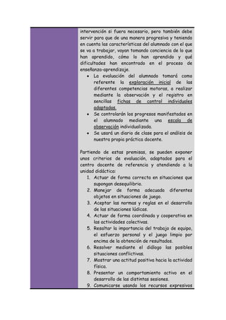 intervención si fuera necesario, pero también debe
servir para que de una manera progresiva y teniendo
en cuenta las características del alumnado con el que
se va a trabajar, vayan tomando conciencia de lo que
han aprendido, cómo lo han aprendido y qué
dificultades han encontrado en el proceso de
enseñanza-aprendizaje.
La evaluación del alumnado tomará como
referente la exploración inicial de las
diferentes competencias motoras, a realizar
mediante la observación y el registro en
sencillas fichas de control individuales
adaptadas.
Se controlarán los progresos manifestados en
el alumnado mediante una escala de
observación individualizada.
Se usará un diario de clase para el análisis de
nuestra propia práctica docente.
Partiendo de estas premisas, se pueden exponer
unos criterios de evaluación, adaptados para el
centro docente de referencia y atendiendo a la
unidad didáctica:
1. Actuar de forma correcta en situaciones que
supongan desequilibrio.
2. Manejar de forma adecuada diferentes
objetos en situaciones de juego.
3. Aceptar las normas y reglas en el desarrollo
de las situaciones lúdicas.
4. Actuar de forma coordinada y cooperativa en
las actividades colectivas.
5. Resaltar la importancia del trabajo de equipo,
el esfuerzo personal y el juego limpio por
encima de la obtención de resultados.
6. Resolver mediante el diálogo las posibles
situaciones conflictivas.
7. Mostrar una actitud positiva hacia la actividad
física.
8. Presentar un comportamiento activo en el
desarrollo de las distintas sesiones.
9. Comunicarse usando los recursos expresivos

 