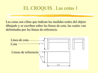 EL CROQUIS . Las cotas 1

Las cotas son cifras que indican las medidas reales del objeto
dibujado y se escriben sobre las líneas de cota, las cuales van
delimitadas por las líneas de referencia.


   Línea de cota
   Cota

    Líneas de referencia
 