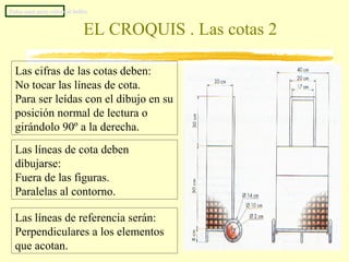 Pulsa aquí para volver al índice


                              EL CROQUIS . Las cotas 2

  Las cifras de las cotas deben:
  No tocar las líneas de cota.
  Para ser leídas con el dibujo en su
  posición normal de lectura o
  girándolo 90º a la derecha.
  Las líneas de cota deben
  dibujarse:
  Fuera de las figuras.
  Paralelas al contorno.

  Las líneas de referencia serán:
  Perpendiculares a los elementos
  que acotan.
 