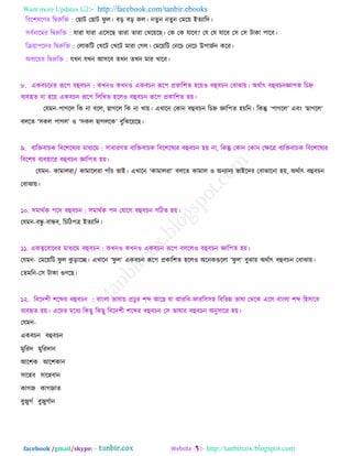 Want more Updates  http://facebook.com/tanbir.ebooks
facebook /gmail/skype: - http://tanbircox.blogspot.com
রফর঱লরর্য রদ্বরুরি : তঙাঝ তঙাঝ পু র। ফড় ফড় ওর। নেু ন নেুন তভর৞ ইেযারে।
঳ফবনারভয রদ্বরুরি : মাযা মাযা এর঳রঙ োযা োযা তঔর৞রঙ। তও তও মারফ? তম তম মারফ ত঳ ত঳ ঝাওা ঩ারফ।
রি৞া঩রেয রদ্বরুরি : তরাওরঝ তঔরঝ তঔরঝ ভাযা তকর। তভর৞রঝ তনরঘ তনরঘ উ঩াচবন ওরয।
অফযর৞য রদ্বরুরি : মঔন মঔন আ঳রফ েঔন েঔন ভায ঔারফ।
৮. এওফঘরনয রূর঩ ফহুফঘন : ওঔন঑ ওঔন঑ এওফঘন রূর঩ প্রওার঱ে ঴র৞঑ ফহুফঘন তফাছা৞। অথবাৎ ফহুফঘনজ্ঞা঩ও রঘহ্ন
ফযফহৃে না ঴র৞ এওফঘন রূর঩ রররঔে ঴রর঑ ফহুফঘন রূর঩ প্রওার঱ে ঴৞।
তমভন-঩াকরর রও না ফরর, ঙাকরর রও না ঔা৞। এঔারন তওান ফহুফঘন রঘহ্ন জ্ঞার঩ে ঴৞রন। রওন্তু ‘঩াকরর’ এফং ‘ঙাকরর’
ফররে ‘঳ওর ঩াকর’ ঑ ‘঳ওর ঙাকররও’ ফুরছর৞রঙ।
৯. ফযরিফাঘও রফর঱রলযয ভাধযরভ : ঳াধাযর্ে ফযরিফাঘও রফর঱রলযয ফহুফঘন ঴৞ না, রওন্তু তওান তওান তেরে ফযরিফাঘও রফর঱রলযয
রফর঱ল ফযফ঴ারয ফহুফঘন জ্ঞার঩ে ঴৞।
তমভন- ওাভারযা/ ওাভাররযা ঩াাঁঘ বাই। এঔারন ‘ওাভারযা’ ফররে ওাভার ঑ অনযানয বাইরেয তফাছারনা ঴৞, অথবাৎ ফহুফঘন
তফাছা৞।
১০. ঳ভাথবও ঩রে ফহুফঘন : ঳ভাথবও ঩ে তমারক ফহুফঘন করঞে ঴৞।
তমভন-ফন্ধু -ফান্ধফ, রঘরঞ঩ে ইেযারে।
১১. এওত্বরফারধয ভাধযরভ ফহুফঘন : ওঔন঑ ওঔন঑ এওফঘন রূর঩ ফররর঑ ফহুফঘন জ্ঞার঩ে ঴৞।
তমভন- তভর৞রঝ পু র ওু ড়ারে। এঔারন ‘পু র’ এওফঘন রূর঩ প্রওার঱ে ঴রর঑ অরনওগুররা ‘পু র’ ফুছা৞ অথবাৎ ফহুফঘন তফাছা৞।
তেভরন-ত঳ ঝাওা গুর্রঙ।
১২. রফরে঱ী ঱রব্দয ফহুফঘন : ফাংরা বালা৞ প্রঘুয ঱ব্দ আরঙ মা আযরফ-পাযর঳঳঴ রফরবন্ন বালা তথরও এর঳ ফাংরা ঱ব্দ র঴঳ারফ
ফযফহৃে ঴৞। এরেয ভরধয রওঙু রওঙু রফরে঱ী ঱রব্দয ফহুফঘন ত঳ বালায ফহুফঘন অনু঳ারয ঴৞।
তমভন-
এওফঘন ফহুফঘন
ভুরযে ভুরযোন
আর঱ও আর঱ওান
঳ার঴ফ ঳ার঴ফান
ওাকচ ওাকচাে
ফুচুকব ফুচুকবান




 