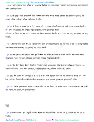 Want more Updates  http://facebook.com/tanbir.ebooks
facebook /gmail/skype: - http://tanbircox.blogspot.com
঳ূে--৪: ‘আন’ প্রেয৞ান্ত্ ঱রব্দয অরন্ত্ভ ‘অ’ ‘঑’-ওাযান্ত্ উচ্চারযে ঴৞। তমভন-োড়ান (োড়ারনা), ফরান (ফরারনা), ঘারান (ঘারারনা),
঩াঞান (঩াঞারনা) ইেযারে।
঳ূে--৫: ‘ে’ (ি) ঑ ‘ইে’ প্রেয৞রমারক করঞে রফর঱লর্ ঱রব্দয অন্ত্য ‘অ’ ‘঑’ ওাযান্ত্ উচ্চারযে ঴৞। তমভন-নে (নরো), কে
(করো), ঩াররে (঩ারররো), যরেে (রযার ঔরো), ইেযারে।
঳ূে--৬: ‘ই’ রওংফা ‘঑’ ওারযয ঩য ‘৞’ (ই৞) থাওরর ত঳ই ‘৞’ ঴঳ন্ত্রূর঩ উচ্চারযে না ঴র৞ প্রা৞ই ‘঑’ ওারযয ভরো উচ্চারযে
঴৞। তমভন-রপ্র৞ (রপ্রর৞া), স্বী৞ (র঱র৞া), রফরধ৞ (রফরধর৞া), ফযর্ী৞ (ফরযারনর৞া) ইেযারে।
ফযরেিভ: ‘অ’ রওংফা ‘আ’ এয ঩রয ‘৞’ থাওরর োয উচ্চাযর্ ঴঳ন্ত্রূর঩ উচ্চারযে ঴রফ। তমভন- চ৞ (চয়্), ঔা৞ (ঔায়্), মা৞ (মায়্)
ইেযারে।
঳ূে--৭: রফর঱লয ঱রব্দয ত঱রল ‘ই’ এফং রফর঱লর্ ঱রব্দয ত঱রল ‘ঢ়’ থাওরর ঳াধাযর্ে অন্ত্ ‘অ’ রফরুপ্ত না ঴র৞ ‘঑’ ওাযান্ত্ উচ্চারযে
঴রফ। তমভন-ওর঴ (ওররার঴া), তে঴ (রের঴া), কাঢ় (কারঢ়া) ইেযারে।
঳ূে--৮: ‘েয’ (েরযা), ‘েভ’ (েরভা), প্রেয৞ মুি রফর঱লর্ ঩রে অরন্ত্ভ ‘অ’ প্রা৞ই ‘঑’ ওাযান্ত্ উচ্চারযে ঴৞। তমভন-রবন্নেয
(রবরন্নােরযা), ফৃ঴তয (ফৃ঴তরযা), অরধওেভ, (঑রধিরভা), উচ্চেভ (উরচ্চােরভা) ইেযারে।
঳ূে--৯: ‘ইফ’ ‘ইর’ ‘ইেরঙ’ ‘ই৞াঙ’, ‘ইরেরঙর’, ‘ই৞ারঙর’ প্রবৃ রে প্রেয৞ তমারক করঞে রি৞া঩রেয অরন্ত্ভ-‘অ’ ঳াধাযর্ে ‘঑’-
ওাযান্ত্ উচ্চারযে ঴৞। তমভন-ফররফ (রফারররফা), ওরযরেঙ (রওারযরেরঙা), ঘরররেঙ (রঘারররেরঙা) ইেযারে।
঳ূে--১০: ঱ব্দ ত঱রলয ‘অ’ এয আরক ঐ, ঒, ্ং,্াঃ, ঋ ওায থারও েরফ ত঳ অরন্ত্ভ ‘অ’ এয উচ্চাযর্ ‘঑’ ওাযান্ত্ ঴রফ। তভমন
ত঱র (র঱াইররা), তফধ (রফাইরধা), তভৌন (রভাউরনা) ঴ং঳ (঴ংর঱া), েুাঃঔ (েুর ঔা), ভৃক (ভৃরকা), েৃর্ (েৃরনা) ইেযারে।
঳ূে--১১: ঱ব্দারন্ত্ মুিফযঞ্জন ফর্ব থাওরর ত঳ তেরে অরন্ত্ভ ‘অ’ এয উচ্চাযর্ ‘঑’ ওারযয ভে ঴৞ তমভন-বি (বরিা), ধভব (ধরভবা),
঩েয (঩রদা), েন্ত্ (েরন্ত্া), দ্বন্ধ (েরন্দা) ইেযারে।
঳ূে--১: ফাংরা উচ্চাযর্ ঳ূে- অনুমা৞ী এওােয ঱রব্দয ‘আ’ রওঙুঝা েীখব ঴৞। মথা-চাভ (চা-ম্), ফাখ (ফা-ঘ্), আভ (আ-ম্)
ইেযারে।
 