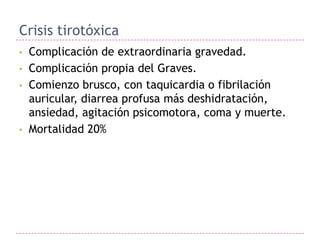 Crisis tirotóxica
•   Complicación de extraordinaria gravedad.
•   Complicación propia del Graves.
•   Comienzo brusco, con taquicardia o fibrilación
    auricular, diarrea profusa más deshidratación,
    ansiedad, agitación psicomotora, coma y muerte.
•   Mortalidad 20%
 