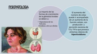 La mayoría de las
formas de crecimiento
de la glándula tiroides
se deben a:
• Hiperplasia de los
folículos
tiroideos y de sus células
El aumento del
número de estas
puede ir acompañado
de un aumento de la
función celular, con
producción y
secreción excesiva de
T3 y T4 lo que provoca
síntomas clásicos de
hipertiroidismo
FISIOPATOLOGIA
 
