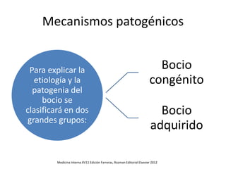 Mecanismos patogénicos
Para explicar la
etiología y la
patogenia del
bocio se
clasificará en dos
grandes grupos:
Bocio
congénito
Bocio
adquirido
Medicina Interna XV11 Edición Farreras, Rozman Editorial Elsevier 2012
 