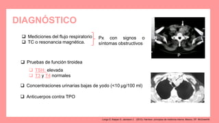 DIAGNÓSTICO
 Mediciones del flujo respiratorio
 TC o resonancia magnética.
Px con signos o
síntomas obstructivos
 Pruebas de función tiroidea
 TSH: elevada
 T3 y T4 normales
 Concentraciones urinarias bajas de yodo (<10 μg/100 ml)
 Anticuerpos contra TPO
Longo D, Kasper D, Jameson J. . (2012). Harrison. principios de medicina interna. Mexico, DF: McGrawHill.
 