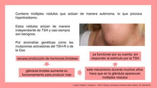 Por anomalías genéticas como las
mutaciones activadoras del TSH-R o de
la Gsα
Contiene múltiples nódulos que actúan de manera autónoma, lo que provoca
hipertiroidismo.
Estos nódulos actúan de manera
independiente de TSH y casi siempre
son benignos.
escasa producción de hormonas tiroideas
glándula tiroides aumenta su
funcionamiento para producir más
este mecanismo durante muchos años
hace que en la glándula aparezcan
múltiples nódulos
ya funcionan por su cuenta, sin
responder al estímulo por la TSH
Longo D, Kasper D, Jameson J. . (2012). Harrison. principios de medicina interna. Mexico, DF: McGrawHill.
 