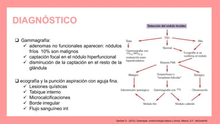 DIAGNÓSTICO
 ecografía y la punción aspiración con aguja ﬁna.
 Lesiones quísticas
 Tabique interno
 Microcalcificaciones
 Borde irregular
 Flujo sanguíneo int
 Gammagrafía:
 adenomas no funcionales aparecen: nódulos
fríos 10% son malignos
 captación focal en el nódulo hiperfuncional
 disminución de la captación en el resto de la
glándula
Gardner D.. (2012). Greenspan. endocrinología básica y clínica. México, D.F.: McGrawHill.
 