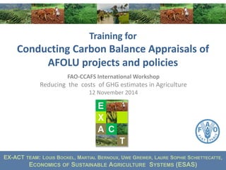 Training for Conducting Carbon Balance Appraisals of AFOLU projects and policies 
FAO-CCAFS International Workshop 
Reducing the costs of GHG estimates in Agriculture 
12 November 2014 
EX-ACT TEAM: LOUIS BOCKEL, MARTIAL BERNOUX, UWE GREWER, LAURE SOPHIE SCHIETTECATTE, ECONOMICS OF SUSTAINABLE AGRICULTURE SYSTEMS (ESAS)  