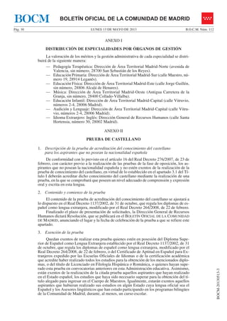 LUNES 13 DE MAYO DE 2013Pág. 30 B.O.C.M. Núm. 112
BOCM-20130513-3
BOLETÍN OFICIAL DE LA COMUNIDAD DE MADRIDBOCM
ANEXO I
DISTRIBUCIÓN DE ESPECIALIDADES POR ÓRGANOS DE GESTIÓN
La valoración de los méritos y la gestión administrativa de cada especialidad se distri-
buirá de la siguiente manera:
— Pedagogía Terapéutica: Dirección de Área Territorial Madrid-Norte (avenida de
Valencia, sin número, 28700 San Sebastián de los Reyes).
— Educación Primaria: Dirección de Área Territorial Madrid-Sur (calle Maestro, nú-
mero 19, 28914 Leganés).
— Educación Física: Dirección de Área Territorial Madrid-Este (calle Jorge Guillén,
sin número, 28806 Alcalá de Henares).
— Música: Dirección de Área Territorial Madrid-Oeste (Antigua Carretera de la
Granja, sin número, 28400 Collado-Villalba).
— Educación Infantil: Dirección de Área Territorial Madrid-Capital (calle Vitruvio,
números 2-4, 28006 Madrid).
— Audición y Lenguaje: Dirección de Área Territorial Madrid-Capital (calle Vitru-
vio, números 2-4, 28006 Madrid).
— Idioma Extranjero: Inglés: Dirección General de Recursos Humanos (calle Santa
Hortensia, número 30, 28002 Madrid).
ANEXO II
PRUEBA DE CASTELLANO
1. Descripción de la prueba de acreditación del conocimiento del castellano
para los aspirantes que no posean la nacionalidad española
De conformidad con lo previsto en el artículo 16 del Real Decreto 276/2007, de 23 de
febrero, con carácter previo a la realización de las pruebas de la fase de oposición, los as-
pirantes que no posean la nacionalidad española y no estén exentos de la realización de la
prueba de conocimiento del castellano, en virtud de lo establecido en el apartado 3.1 del Tí-
tulo I deberán acreditar dicho conocimiento del castellano mediante la realización de una
prueba, en la que se comprobará que poseen un nivel adecuado de comprensión y expresión
oral y escrita en esta lengua.
2. Contenido y comienzo de la prueba
El contenido de la prueba de acreditación del conocimiento del castellano se ajustará a
lo dispuesto en el Real Decreto 1137/2002, de 31 de octubre, que regula los diplomas de es-
pañol como lengua extranjera, modificado por el Real Decreto 264/2008, de 22 de febrero.
Finalizado el plazo de presentación de solicitudes, la Dirección General de Recursos
Humanos dictará Resolución, que se publicará en el BOLETÍN OFICIAL DE LA COMUNIDAD
DE MADRID, anunciando el lugar y la fecha de celebración de la prueba a que se refiere este
apartado.
3. Exención de la prueba
Quedan exentos de realizar esta prueba quienes estén en posesión del Diploma Supe-
rior de Español como Lengua Extranjera establecido por el Real Decreto 1137/2002, de 31
de octubre, que regula los diplomas de español como lengua extranjera, modificado por el
Real Decreto 264/2008, de 22 de febrero, o del Certificado de Aptitud en Español para Ex-
tranjeros expedido por las Escuelas Oficiales de Idiomas o de la certificación académica
que acredite haber realizado todos los estudios para la obtención de los mencionados diplo-
mas, o del título de Licenciado en Filología Hispánica o Románica, o quienes hayan supe-
rado esta prueba en convocatorias anteriores en esta Administración educativa. Asimismo,
están exentos de la realización de la citada prueba aquellos aspirantes que hayan realizado
en el Estado español, los estudios que haya sido necesario superar para la obtención del tí-
tulo alegado para ingresar en el Cuerpo de Maestros. Igualmente, estarán exentos aquellos
aspirantes que hubieran realizado sus estudios en algún Estado cuya lengua oficial sea el
Español y los Asesores lingüísticos que han estado participando en los programas bilingües
de la Comunidad de Madrid, durante, al menos, un curso escolar.
 