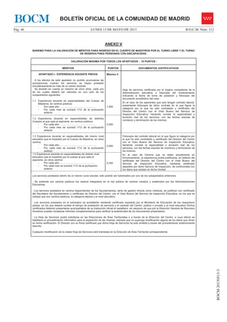 LUNES 13 DE MAYO DE 2013Pág. 46 B.O.C.M. Núm. 112
BOCM-20130513-3
BOLETÍN OFICIAL DE LA COMUNIDAD DE MADRIDBOCM
ANEXO V
BAREMO PARA LA VALORACIÓN DE MÉRITOS PARA INGRESO EN EL CUERPO DE MAESTROS POR EL TURNO LIBRE Y EL TURNO
DE RESERVA PARA PERSONAS CON DISCAPACIDAD.
VALORACIÓN MÁXIMA POR TODOS LOS APARTADOS - 10 PUNTOS -
MÉRITOS PUNTOS DOCUMENTOS JUSTIFICATIVOS
APARTADO I.- EXPERIENCIA DOCENTE PREVIA
A los efectos de este apartado no podrán acumularse las
puntuaciones cuando los servicios se hayan prestado
simultáneamente en más de un centro docente.
Se tendrán en cuenta un máximo de cinco años, cada uno
de los cuales deberá ser valorado en uno solo de los
subapartados siguientes:
1.1 Experiencia docente en especialidades del Cuerpo de
Maestros, en centros públicos
- Por cada año ……………………………………
- Por cada mes se sumará 1/12 de la puntuación
anterior
Máximo 5
1,000
Hoja de servicios certificada por el órgano competente de la
Administración educativa o fotocopia del nombramiento
indicando la fecha de toma de posesión y fotocopia del
documento acreditativo del cese.
En el caso de los aspirantes que solo tengan contrato laboral,
presentarán fotocopia de dicho contrato en el que figure la
categoría por la que ha sido contratado y certificado del
Director del Centro con el Visto Bueno del Servicio de
Inspección Educativa, haciendo constar la especialidad y
duración real de los servicios, con las fechas exactas de
comienzo y terminación de los mismos.
.
1.2 Experiencia docente en especialidades de distintos
Cuerpos al que opta el aspirante, en centros públicos
- Por cada año ……………………………………
- Por cada mes se sumará 1/12 de la puntuación
anterior
0,500
1.3 Experiencia docente en especialidades del mismo nivel
educativo que el impartido por el Cuerpo de Maestros, en otros
centros
- Por cada año……………………………………..
- Por cada mes se sumará 1/12 de la puntuación
anterior
0,500
Fotocopia del contrato laboral en el que figure la categoría por
la que ha sido contratado y certificado del Director del Centro
con el Visto Bueno del Servicio de Inspección Educativa,
haciendo constar la especialidad y duración real de los
servicios, con las fechas exactas de comienzo y terminación de
los mismos.
En el caso de Centros que no estén actualmente en
funcionamiento, la experiencia podrá justificarse, en defecto del
certificado del Director del Centro con el Visto Bueno del
Servicio de Inspección Educativa, mediante certificado
expedido por dicho Servicio de Inspección, de conformidad con
los datos que existan en dicha Unidad.
1.4 Experiencia docente en especialidades de distinto nivel
educativo que el impartido por el cuerpo al que opta el
aspirante, en otros centros
- Por cada año……………………………………
- Por cada mes se sumará 1/12 de la puntuación
anterior
0,250
Los servicios prestados dentro de un mismo curso escolar, sólo podrán ser baremados por uno de los subapartados anteriores.
- Se entiende por centros públicos los centros integrados en la red pública de centros creados y sostenidos por las Administraciones
Educativas
- Los servicios prestados en centros dependientes de los Ayuntamientos, tanto de gestión directa como indirecta, se justifican con certificado
del Secretario del Ayuntamiento o certificado de Director del Centro, con el Visto Bueno del Servicio de Inspección Educativa, en los que se
indique que son centros públicos, la categoría laboral y el nivel educativo.
- Los servicios prestados en el extranjero se acreditarán mediante certificado expedido por el Ministerio de Educación de los respectivos
países, en los que deberá constar el tiempo de prestación de servicios y el carácter del Centro: público o privado y el nivel educativo Dichos
certificados deberán presentarse acompañados de su traducción oficial al castellano, sin perjuicio de que por la Dirección General de Recursos
Humanos puedan recabarse informes complementarios para verificar la autenticidad de los documentos presentados.
- La Hoja de Servicios podrá solicitarse en las Direcciones de Área Territoriales o a través de la Dirección del Centro, a cuyo efecto se
habilitará un procedimiento informático para la expedición de las mismas, siempre que no suponga modificación alguna de los datos que obran
en dicha certificación. El Director con su firma certificará que dicha Hoja de Servicios ha sido emitida a través del procedimiento anteriormente
descrito.
Cualquier modificación de la citada Hoja de Servicios será tramitada en la Dirección de Área Territorial correspondiente.
 