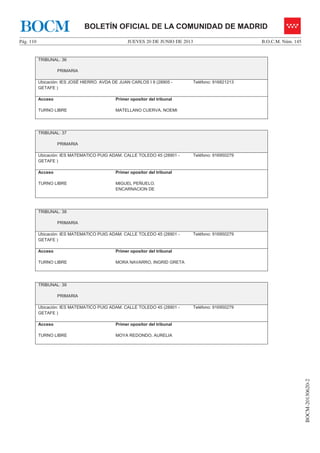 JUEVES 20 DE JUNIO DE 2013Pág. 110 B.O.C.M. Núm. 145
BOCM-20130620-2
BOLETÍN OFICIAL DE LA COMUNIDAD DE MADRIDBOCM
TRIBUNAL: 36
PRIMARIA
Ubicación: IES JOSÉ HIERRO. AVDA DE JUAN CARLOS I 9 (28905 -
GETAFE )
Teléfono: 916821213
Acceso
TURNO LIBRE
Primer opositor del tribunal
MATELLANO CUERVA, NOEMI
TRIBUNAL: 37
PRIMARIA
Ubicación: IES MATEMATICO PUIG ADAM. CALLE TOLEDO 45 (28901 -
GETAFE )
Teléfono: 916950279
Acceso
TURNO LIBRE
Primer opositor del tribunal
MIGUEL PEÑUELO,
ENCARNACION DE
TRIBUNAL: 38
PRIMARIA
Ubicación: IES MATEMATICO PUIG ADAM. CALLE TOLEDO 45 (28901 -
GETAFE )
Teléfono: 916950279
Acceso
TURNO LIBRE
Primer opositor del tribunal
MORA NAVARRO, INGRID GRETA
TRIBUNAL: 39
PRIMARIA
Ubicación: IES MATEMATICO PUIG ADAM. CALLE TOLEDO 45 (28901 -
GETAFE )
Teléfono: 916950279
Acceso
TURNO LIBRE
Primer opositor del tribunal
MOYA REDONDO, AURELIA
 