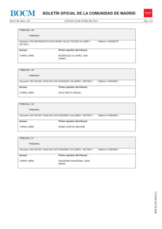 JUEVES 20 DE JUNIO DE 2013B.O.C.M. Núm. 145 Pág. 113
BOCM-20130620-2
BOLETÍN OFICIAL DE LA COMUNIDAD DE MADRIDBOCM
TRIBUNAL: 48
PRIMARIA
Ubicación: IES MATEMATICO PUIG ADAM. CALLE TOLEDO 45 (28901 -
GETAFE )
Teléfono: 916950279
Acceso
TURNO LIBRE
Primer opositor del tribunal
RODRIGUEZ ALVAREZ, ANA
ISABEL
TRIBUNAL: 49
PRIMARIA
Ubicación: IES SATAFI. AVDA DE LAS CIUDADES 104 (28903 - GETAFE ) Teléfono: 916830601
Acceso
TURNO LIBRE
Primer opositor del tribunal
ROJO NIETO, MIGUEL
TRIBUNAL: 50
PRIMARIA
Ubicación: IES SATAFI. AVDA DE LAS CIUDADES 104 (28903 - GETAFE ) Teléfono: 916830601
Acceso
TURNO LIBRE
Primer opositor del tribunal
RUBIO GARCIA, MELANIE
TRIBUNAL: 51
PRIMARIA
Ubicación: IES SATAFI. AVDA DE LAS CIUDADES 104 (28903 - GETAFE ) Teléfono: 916830601
Acceso
TURNO LIBRE
Primer opositor del tribunal
SAAVEDRA SAAVEDRA, JOSE
MARIA
 