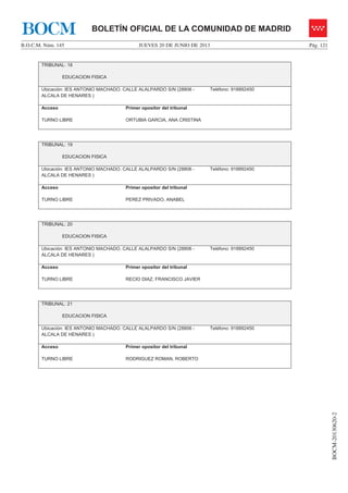 JUEVES 20 DE JUNIO DE 2013B.O.C.M. Núm. 145 Pág. 121
BOCM-20130620-2
BOLETÍN OFICIAL DE LA COMUNIDAD DE MADRIDBOCM
TRIBUNAL: 18
EDUCACION FISICA
Ubicación: IES ANTONIO MACHADO. CALLE ALALPARDO S/N (28806 -
ALCALA DE HENARES )
Teléfono: 918892450
Acceso
TURNO LIBRE
Primer opositor del tribunal
ORTUBIA GARCIA, ANA CRISTINA
TRIBUNAL: 19
EDUCACION FISICA
Ubicación: IES ANTONIO MACHADO. CALLE ALALPARDO S/N (28806 -
ALCALA DE HENARES )
Teléfono: 918892450
Acceso
TURNO LIBRE
Primer opositor del tribunal
PEREZ PRIVADO, ANABEL
TRIBUNAL: 20
EDUCACION FISICA
Ubicación: IES ANTONIO MACHADO. CALLE ALALPARDO S/N (28806 -
ALCALA DE HENARES )
Teléfono: 918892450
Acceso
TURNO LIBRE
Primer opositor del tribunal
RECIO DIAZ, FRANCISCO JAVIER
TRIBUNAL: 21
EDUCACION FISICA
Ubicación: IES ANTONIO MACHADO. CALLE ALALPARDO S/N (28806 -
ALCALA DE HENARES )
Teléfono: 918892450
Acceso
TURNO LIBRE
Primer opositor del tribunal
RODRIGUEZ ROMAN, ROBERTO
 