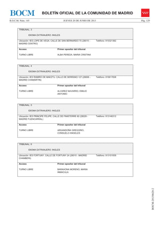 JUEVES 20 DE JUNIO DE 2013B.O.C.M. Núm. 145 Pág. 129
BOCM-20130620-2
BOLETÍN OFICIAL DE LA COMUNIDAD DE MADRIDBOCM
TRIBUNAL: 3
IDIOMA EXTRANJERO: INGLES
Ubicación: IES LOPE DE VEGA. CALLE DE SAN BERNARDO 70 (28015 -
MADRID CENTRO)
Teléfono: 915321362
Acceso
TURNO LIBRE
Primer opositor del tribunal
ALBA PEREDA, MARIA CRISTINA
TRIBUNAL: 4
IDIOMA EXTRANJERO: INGLES
Ubicación: IES RAMIRO DE MAEZTU. CALLE DE SERRANO 127 (28006 -
MADRID CHAMARTIN)
Teléfono: 915617838
Acceso
TURNO LIBRE
Primer opositor del tribunal
ALVAREZ NAVARRO, EMILIO
ANTONIO
TRIBUNAL: 5
IDIOMA EXTRANJERO: INGLES
Ubicación: IES PRINCIPE FELIPE. CALLE DE FINISTERRE 60 (28029 -
MADRID FUENCARRAL)
Teléfono: 913146312
Acceso
TURNO LIBRE
Primer opositor del tribunal
ARGANDOÑA GREGORIO,
CONSUELO ANGELES
TRIBUNAL: 6
IDIOMA EXTRANJERO: INGLES
Ubicación: IES FORTUNY. CALLE DE FORTUNY 24 (28010 - MADRID
CHAMBERI)
Teléfono: 913101839
Acceso
TURNO LIBRE
Primer opositor del tribunal
BARAHONA MORENO, MARIA
INMACULA
 