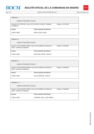 JUEVES 20 DE JUNIO DE 2013Pág. 130 B.O.C.M. Núm. 145
BOCM-20130620-2
BOLETÍN OFICIAL DE LA COMUNIDAD DE MADRIDBOCM
TRIBUNAL: 7
IDIOMA EXTRANJERO: INGLES
Ubicación: IES FORTUNY. CALLE DE FORTUNY 24 (28010 - MADRID
CHAMBERI)
Teléfono: 913101839
Acceso
TURNO LIBRE
Primer opositor del tribunal
BENITO DIAZ, NURIA
TRIBUNAL: 8
IDIOMA EXTRANJERO: INGLES
Ubicación: IES JOAQUÍN TURINA. CALLE DE GUZMÁN EL BUENO 92
(28003 - MADRID CHAMBERI)
Teléfono: 915539625
Acceso
TURNO LIBRE
Primer opositor del tribunal
BOTEJARA JORGE, CARLOS
TRIBUNAL: 9
IDIOMA EXTRANJERO: INGLES
Ubicación: IES JOAQUÍN TURINA. CALLE DE GUZMÁN EL BUENO 92
(28003 - MADRID CHAMBERI)
Teléfono: 915539625
Acceso
TURNO LIBRE
Primer opositor del tribunal
CALVO BARRIOS, CARLOS
TRIBUNAL: 10
IDIOMA EXTRANJERO: INGLES
Ubicación: IES JOAQUÍN TURINA. CALLE DE GUZMÁN EL BUENO 92
(28003 - MADRID CHAMBERI)
Teléfono: 915539625
Acceso
TURNO LIBRE
Primer opositor del tribunal
CARMONA CRUZ, JOSE RAMON
 