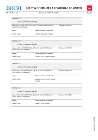 JUEVES 20 DE JUNIO DE 2013B.O.C.M. Núm. 145 Pág. 133
BOCM-20130620-2
BOLETÍN OFICIAL DE LA COMUNIDAD DE MADRIDBOCM
TRIBUNAL: 19
IDIOMA EXTRANJERO: INGLES
Ubicación: IES PRINCIPE FELIPE. CALLE DE FINISTERRE 60 (28029 -
MADRID FUENCARRAL)
Teléfono: 913146312
Acceso
TURNO LIBRE
Primer opositor del tribunal
GARCIA DELGADO, RAQUEL
TRIBUNAL: 20
IDIOMA EXTRANJERO: INGLES
Ubicación: IES SANTA ENGRACIA. CALLE DE SANTA ENGRACIA 13
(28010 - MADRID CHAMBERI)
Teléfono: 914477234
Acceso
TURNO LIBRE
Primer opositor del tribunal
GARCIA MILLAS, INMACULADA
TRIBUNAL: 21
IDIOMA EXTRANJERO: INGLES
Ubicación: IES SANTA ENGRACIA. CALLE DE SANTA ENGRACIA 13
(28010 - MADRID CHAMBERI)
Teléfono: 914477234
Acceso
TURNO LIBRE
Primer opositor del tribunal
GARCIA DE LA FUENTE, MARIA
ISABEL
TRIBUNAL: 22
IDIOMA EXTRANJERO: INGLES
Ubicación: IES SANTA ENGRACIA. CALLE DE SANTA ENGRACIA 13
(28010 - MADRID CHAMBERI)
Teléfono: 914477234
Acceso
TURNO LIBRE
Primer opositor del tribunal
GOMEZ CHIA, ALVARO
 