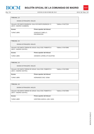 JUEVES 20 DE JUNIO DE 2013Pág. 134 B.O.C.M. Núm. 145
BOCM-20130620-2
BOLETÍN OFICIAL DE LA COMUNIDAD DE MADRIDBOCM
TRIBUNAL: 23
IDIOMA EXTRANJERO: INGLES
Ubicación: IES SANTA ENGRACIA. CALLE DE SANTA ENGRACIA 13
(28010 - MADRID CHAMBERI)
Teléfono: 914477234
Acceso
TURNO LIBRE
Primer opositor del tribunal
GONZALEZ CABELLO,
ENCARNACION
TRIBUNAL: 24
IDIOMA EXTRANJERO: INGLES
Ubicación: IES SANTA TERESA DE JESUS. CALLE DEL FOMENTO 9
(28013 - MADRID CENTRO)
Teléfono: 915415996
Acceso
TURNO LIBRE
Primer opositor del tribunal
GRANERO LAPEÑA, Mª AGUSTINA
TRIBUNAL: 25
IDIOMA EXTRANJERO: INGLES
Ubicación: IES SANTA TERESA DE JESUS. CALLE DEL FOMENTO 9
(28013 - MADRID CENTRO)
Teléfono: 915415996
Acceso
TURNO LIBRE
Primer opositor del tribunal
HERNANDEZ DIAZ, SONIA
TRIBUNAL: 26
IDIOMA EXTRANJERO: INGLES
Ubicación: IES SANTA TERESA DE JESUS. CALLE DEL FOMENTO 9
(28013 - MADRID CENTRO)
Teléfono: 915415996
Acceso
TURNO LIBRE
Primer opositor del tribunal
HONTORIA GARCIA, LARA SARA
 