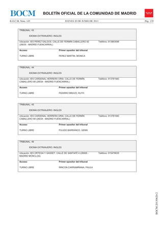JUEVES 20 DE JUNIO DE 2013B.O.C.M. Núm. 145 Pág. 139
BOCM-20130620-2
BOLETÍN OFICIAL DE LA COMUNIDAD DE MADRIDBOCM
TRIBUNAL: 43
IDIOMA EXTRANJERO: INGLES
Ubicación: IES PEREZ GALDOS. CALLE DE FERMÍN CABALLERO 92
(28035 - MADRID FUENCARRAL)
Teléfono: 913863098
Acceso
TURNO LIBRE
Primer opositor del tribunal
PEREZ MARTIN, MONICA
TRIBUNAL: 44
IDIOMA EXTRANJERO: INGLES
Ubicación: IES CARDENAL HERRERA ORIA. CALLE DE FERMÍN
CABALLERO 68 (28034 - MADRID FUENCARRAL)
Teléfono: 913781940
Acceso
TURNO LIBRE
Primer opositor del tribunal
PIZARRO BRAVO, RUTH
TRIBUNAL: 45
IDIOMA EXTRANJERO: INGLES
Ubicación: IES CARDENAL HERRERA ORIA. CALLE DE FERMÍN
CABALLERO 68 (28034 - MADRID FUENCARRAL)
Teléfono: 913781940
Acceso
TURNO LIBRE
Primer opositor del tribunal
PULIDO BARRANCO, GEMA
TRIBUNAL: 46
IDIOMA EXTRANJERO: INGLES
Ubicación: IES ORTEGA Y GASSET. CALLE DE SANTAFÉ 4 (28008 -
MADRID MONCLOA)
Teléfono: 915476635
Acceso
TURNO LIBRE
Primer opositor del tribunal
RINCON CARRAMIÑANA, PAULA
 