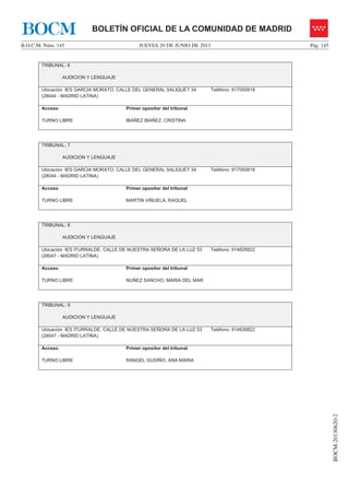 JUEVES 20 DE JUNIO DE 2013B.O.C.M. Núm. 145 Pág. 145
BOCM-20130620-2
BOLETÍN OFICIAL DE LA COMUNIDAD DE MADRIDBOCM
TRIBUNAL: 6
AUDICION Y LENGUAJE
Ubicación: IES GARCIA MORATO. CALLE DEL GENERAL SALIQUET 34
(28044 - MADRID LATINA)
Teléfono: 917050818
Acceso
TURNO LIBRE
Primer opositor del tribunal
IBAÑEZ IBAÑEZ, CRISTINA
TRIBUNAL: 7
AUDICION Y LENGUAJE
Ubicación: IES GARCIA MORATO. CALLE DEL GENERAL SALIQUET 34
(28044 - MADRID LATINA)
Teléfono: 917050818
Acceso
TURNO LIBRE
Primer opositor del tribunal
MARTIN VIÑUELA, RAQUEL
TRIBUNAL: 8
AUDICION Y LENGUAJE
Ubicación: IES ITURRALDE. CALLE DE NUESTRA SEÑORA DE LA LUZ 53
(28047 - MADRID LATINA)
Teléfono: 914626822
Acceso
TURNO LIBRE
Primer opositor del tribunal
NUÑEZ SANCHO, MARIA DEL MAR
TRIBUNAL: 9
AUDICION Y LENGUAJE
Ubicación: IES ITURRALDE. CALLE DE NUESTRA SEÑORA DE LA LUZ 53
(28047 - MADRID LATINA)
Teléfono: 914626822
Acceso
TURNO LIBRE
Primer opositor del tribunal
RANGEL GUDIÑO, ANA MARIA
 