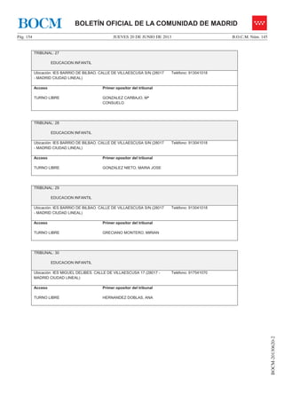 JUEVES 20 DE JUNIO DE 2013Pág. 154 B.O.C.M. Núm. 145
BOCM-20130620-2
BOLETÍN OFICIAL DE LA COMUNIDAD DE MADRIDBOCM
TRIBUNAL: 27
EDUCACION INFANTIL
Ubicación: IES BARRIO DE BILBAO. CALLE DE VILLAESCUSA S/N (28017
- MADRID CIUDAD LINEAL)
Teléfono: 913041018
Acceso
TURNO LIBRE
Primer opositor del tribunal
GONZALEZ CARBAJO, Mª
CONSUELO
TRIBUNAL: 28
EDUCACION INFANTIL
Ubicación: IES BARRIO DE BILBAO. CALLE DE VILLAESCUSA S/N (28017
- MADRID CIUDAD LINEAL)
Teléfono: 913041018
Acceso
TURNO LIBRE
Primer opositor del tribunal
GONZALEZ NIETO, MARIA JOSE
TRIBUNAL: 29
EDUCACION INFANTIL
Ubicación: IES BARRIO DE BILBAO. CALLE DE VILLAESCUSA S/N (28017
- MADRID CIUDAD LINEAL)
Teléfono: 913041018
Acceso
TURNO LIBRE
Primer opositor del tribunal
GRECIANO MONTERO, MIRIAN
TRIBUNAL: 30
EDUCACION INFANTIL
Ubicación: IES MIGUEL DELIBES. CALLE DE VILLAESCUSA 17 (28017 -
MADRID CIUDAD LINEAL)
Teléfono: 917541070
Acceso
TURNO LIBRE
Primer opositor del tribunal
HERNANDEZ DOBLAS, ANA
 