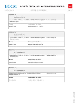 JUEVES 20 DE JUNIO DE 2013B.O.C.M. Núm. 145 Pág. 157
BOCM-20130620-2
BOLETÍN OFICIAL DE LA COMUNIDAD DE MADRIDBOCM
TRIBUNAL: 39
EDUCACION INFANTIL
Ubicación: IES LA ESTRELLA. CALLE DE LA ESTRELLA POLAR 10 (28007
- MADRID RETIRO)
Teléfono: 914095211
Acceso
TURNO LIBRE
Primer opositor del tribunal
MARTIN RODRIGUEZ, CARMEN
TRIBUNAL: 40
EDUCACION INFANTIL
Ubicación: IES LA ESTRELLA. CALLE DE LA ESTRELLA POLAR 10 (28007
- MADRID RETIRO)
Teléfono: 914095211
Acceso
TURNO LIBRE
Primer opositor del tribunal
MARTINEZ NAVARRO, MARTA
TRIBUNAL: 41
EDUCACION INFANTIL
Ubicación: IES LA ESTRELLA. CALLE DE LA ESTRELLA POLAR 10 (28007
- MADRID RETIRO)
Teléfono: 914095211
Acceso
TURNO LIBRE
Primer opositor del tribunal
MEDRANO SEOANE, PATRICIA
TRIBUNAL: 42
EDUCACION INFANTIL
Ubicación: IES FELIPE II. CALLE DE VALDEBERNARDO 1 (28030 -
MADRID MORATALAZ)
Teléfono: 917731854
Acceso
TURNO LIBRE
Primer opositor del tribunal
MOLERO FERNANDEZ, LORENA
 