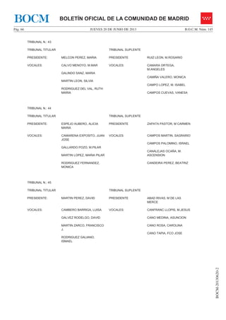 JUEVES 20 DE JUNIO DE 2013Pág. 66 B.O.C.M. Núm. 145
BOCM-20130620-2
BOLETÍN OFICIAL DE LA COMUNIDAD DE MADRIDBOCM
TRIBUNAL N.: 43
TRIBUNAL TITULAR TRIBUNAL SUPLENTE
PRESIDENTE: MELCON PEREZ, MARIA PRESIDENTE RUIZ LEON, M.ROSARIO
VOCALES: CALVO MENOYO, M.MAR
GALINDO SANZ, MARIA
MARTIN LEON, SILVIA
RODRIGUEZ DEL VAL, RUTH
MARIA
VOCALES: CAMARA ORTEGA,
M.ANGELES
CAMIÑA VALERO, MONICA
CAMPO LOPEZ, M. ISABEL
CAMPOS CUEVAS, VANESA
TRIBUNAL N.: 44
TRIBUNAL TITULAR TRIBUNAL SUPLENTE
PRESIDENTE: ESPEJO AUBERO, ALICIA
MARIA
PRESIDENTE ZAPATA PASTOR, M CARMEN
VOCALES: CAMARENA EXPOSITO, JUAN
JOSE
GALLARDO POZO, M.PILAR
MARTIN LOPEZ, MARIA PILAR
RODRIGUEZ FERNANDEZ,
MONICA
VOCALES: CAMPOS MARTIN, SAGRARIO
CAMPOS PALOMINO, ISRAEL
CANALEJAS OCAÑA, M.
ASCENSION
CANDEIRA PEREZ, BEATRIZ
TRIBUNAL N.: 45
TRIBUNAL TITULAR TRIBUNAL SUPLENTE
PRESIDENTE: MARTIN PEREZ, DAVID PRESIDENTE ABAD RIVAS, M DE LAS
MERCE
VOCALES: CAMBERO BARRIGA, LUISA
GALVEZ RODELGO, DAVID
MARTIN ZARCO, FRANCISCO
J.
RODRIGUEZ GALIANO,
ISMAEL
VOCALES: CANFRANC LLOPIS, M.JESUS
CANO MEDINA, ASUNCION
CANO ROSA, CAROLINA
CANO TAPIA, FCO JOSE
 