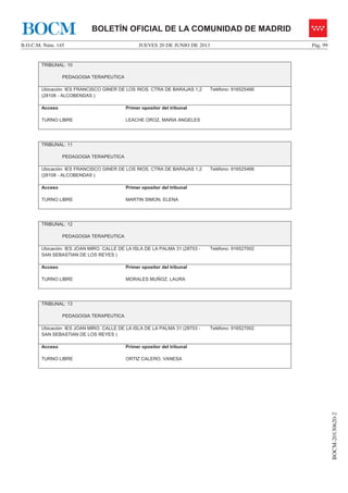 JUEVES 20 DE JUNIO DE 2013B.O.C.M. Núm. 145 Pág. 99
BOCM-20130620-2
BOLETÍN OFICIAL DE LA COMUNIDAD DE MADRIDBOCM
TRIBUNAL: 10
PEDAGOGIA TERAPEUTICA
Ubicación: IES FRANCISCO GINER DE LOS RIOS. CTRA DE BARAJAS 1,2
(28108 - ALCOBENDAS )
Teléfono: 916525466
Acceso
TURNO LIBRE
Primer opositor del tribunal
LEACHE OROZ, MARIA ANGELES
TRIBUNAL: 11
PEDAGOGIA TERAPEUTICA
Ubicación: IES FRANCISCO GINER DE LOS RIOS. CTRA DE BARAJAS 1,2
(28108 - ALCOBENDAS )
Teléfono: 916525466
Acceso
TURNO LIBRE
Primer opositor del tribunal
MARTIN SIMON, ELENA
TRIBUNAL: 12
PEDAGOGIA TERAPEUTICA
Ubicación: IES JOAN MIRO. CALLE DE LA ISLA DE LA PALMA 31 (28703 -
SAN SEBASTIAN DE LOS REYES )
Teléfono: 916527002
Acceso
TURNO LIBRE
Primer opositor del tribunal
MORALES MUÑOZ, LAURA
TRIBUNAL: 13
PEDAGOGIA TERAPEUTICA
Ubicación: IES JOAN MIRO. CALLE DE LA ISLA DE LA PALMA 31 (28703 -
SAN SEBASTIAN DE LOS REYES )
Teléfono: 916527002
Acceso
TURNO LIBRE
Primer opositor del tribunal
ORTIZ CALERO, VANESA
 