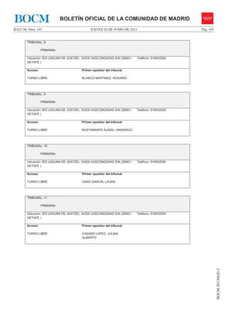 JUEVES 20 DE JUNIO DE 2013B.O.C.M. Núm. 145 Pág. 103
BOCM-20130620-2
BOLETÍN OFICIAL DE LA COMUNIDAD DE MADRIDBOCM
TRIBUNAL: 8
PRIMARIA
Ubicación: IES LAGUNA DE JOATZEL. AVDA VASCONGADAS S/N (28903 -
GETAFE )
Teléfono: 916832026
Acceso
TURNO LIBRE
Primer opositor del tribunal
BLANCO MARTINEZ, ROSARIO
TRIBUNAL: 9
PRIMARIA
Ubicación: IES LAGUNA DE JOATZEL. AVDA VASCONGADAS S/N (28903 -
GETAFE )
Teléfono: 916832026
Acceso
TURNO LIBRE
Primer opositor del tribunal
BUSTAMANTE ALBIZU, ARANZAZU
TRIBUNAL: 10
PRIMARIA
Ubicación: IES LAGUNA DE JOATZEL. AVDA VASCONGADAS S/N (28903 -
GETAFE )
Teléfono: 916832026
Acceso
TURNO LIBRE
Primer opositor del tribunal
CANO GARCIA, LAURA
TRIBUNAL: 11
PRIMARIA
Ubicación: IES LAGUNA DE JOATZEL. AVDA VASCONGADAS S/N (28903 -
GETAFE )
Teléfono: 916832026
Acceso
TURNO LIBRE
Primer opositor del tribunal
CASADO LOPEZ, JULIAN
ALBERTO
 
