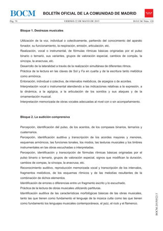 VIERNES 22 DE MAYO DE 2015Pág. 70 B.O.C.M. Núm. 120
BOCM-20150522-3
BOLETÍN OFICIAL DE LA COMUNIDAD DE MADRIDBOCM
Bloque 1. Destrezas musicales
Utilización de la voz, individual o colectivamente, partiendo del conocimiento del aparato
fonador, su funcionamiento, la respiración, emisión, articulación, etc.
Realización, vocal o instrumental, de fórmulas rítmicas básicas originadas por el pulso
binario o ternario, sus variantes, grupos de valoración especial, cambios de compás, la
síncopa, la anacrusa, etc.
Desarrollo de la lateralidad a través de la realización simultánea de diferentes ritmos.
Práctica de la lectura en las claves de Sol y Fa en cuarta y de la escritura tanto melódica
como armónica.
Entonación, individual o colectiva, de intervalos melódicos, de arpegios o de acordes.
Interpretación vocal o instrumental atendiendo a las indicaciones relativas a la expresión, a
la dinámica, a la agógica, a la articulación de los sonidos y sus ataques y de la
ornamentación musical.
Interpretación memorizada de obras vocales adecuadas al nivel con o sin acompañamiento.
Bloque 2. La audición comprensiva
Percepción, identificación del pulso, de los acentos, de los compases binarios, ternarios y
cuaternarios.
Percepción, identificación auditiva y transcripción de los acordes mayores y menores,
esquemas armónicos, las funciones tonales, los modos, las texturas musicales y los timbres
instrumentales en las obras escuchadas o interpretadas.
Percepción, identificación y transcripción de fórmulas rítmicas básicas originadas por el
pulso binario o ternario, grupos de valoración especial, signos que modifican la duración,
cambios de compas, la síncopa, la anacrusa, etc.
Reconocimiento auditivo, reproducción memorizada vocal y transcripción de los intervalos,
fragmentos melódicos, de los esquemas rítmicos y de las melodías resultantes de la
combinación de dichos elementos.
Identificación de errores o diferencias entre un fragmento escrito y lo escuchado.
Práctica de la lectura de obras musicales utilizando partituras.
Identificación auditiva de las características morfológicas básicas de las obras musicales,
tanto las que tienen como fundamento el lenguaje de la música culta como las que tienen
como fundamento los lenguajes musicales contemporáneos, el jazz, el rock y el flamenco.
 