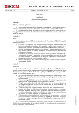 Decreto 63/2019, de 16 de julio, del Consejo de Gobierno, por el que se regula la ordenación y organización de la formación profesional en la Comunidad de Madrid